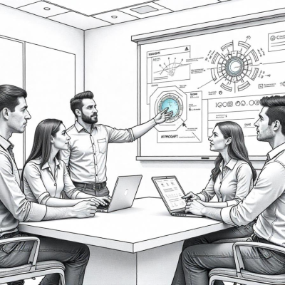 A Team discussing AI strategy with a futuristic interface displaying AI insights.