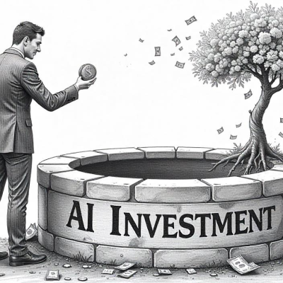 A businessman holding a coin, deciding whether to drop it into a well-marked 'AI Investment'—one side shows a tree growing money, the other a bottomless pit.