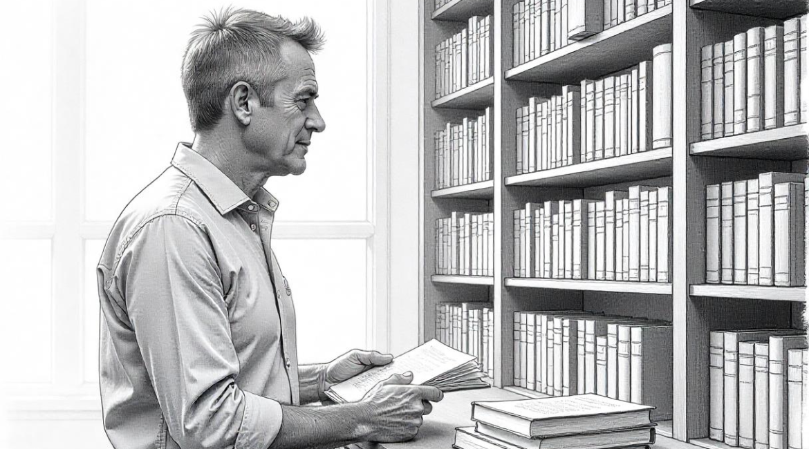 Author by a bookshelf where books connect to opportunities, symbolizing self-publishing’s business impact.