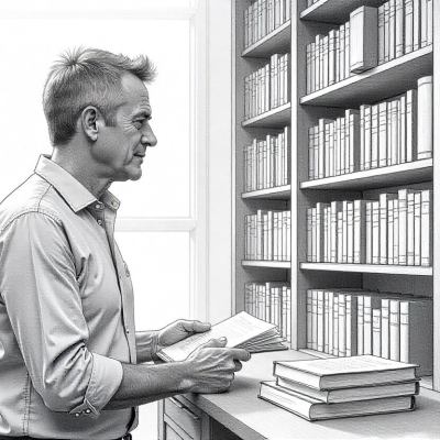 Why Your Expertise Demands a Book – The Business Case for Self-Publishing 8 Author by a bookshelf where books connect to opportunities, symbolizing self-publishing’s business impact.