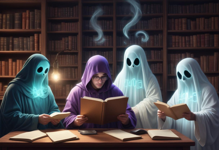 An illustration showing four ghostwriter types—idea shaper, draft polisher, voice mimic, and research expert—each contributing uniquely to a manuscript.