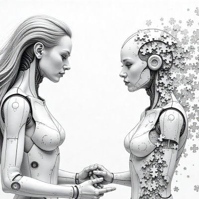 A humanoid AI figure assembling a puzzle—one side fitting perfectly (structured AI scaling), while the other side is a jumbled mess of mismatched pieces