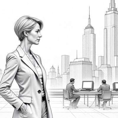 A professional woman in a business suit stands confidently before a vibrant city skyline