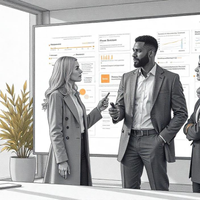 A confident business leader stands at a boardroom table.