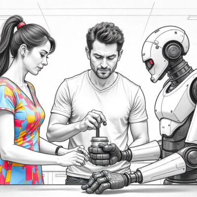 A team of professionals working alongside a robotic assistant or AI-powered screen, illustrating seamless AI integration.