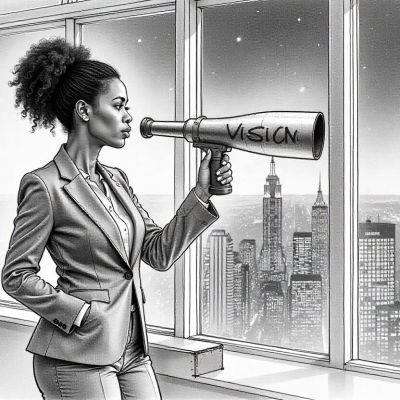 A Pencil sketch of Business leader holds a telescope labeled 'Vision,' symbolizing strategic AI leadership over technical expertise.