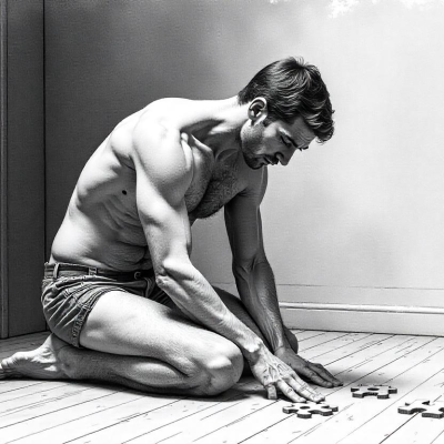 A man on his knees, assembles puzzle pieces, illustrating the theme of self-reconnection.