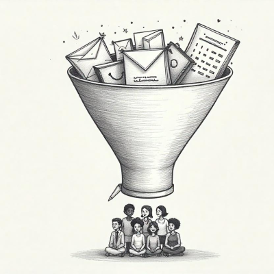 Launch Funnel Alchemy – Turning Readers Into Clients 1 Sketch of a funnel with books at the top, leading to emails, consultations, and high-value clients, illustrating how readers become paying clients.