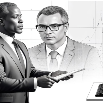 Futuristic business leader analyzing AI-driven growth strategy with data visuals.