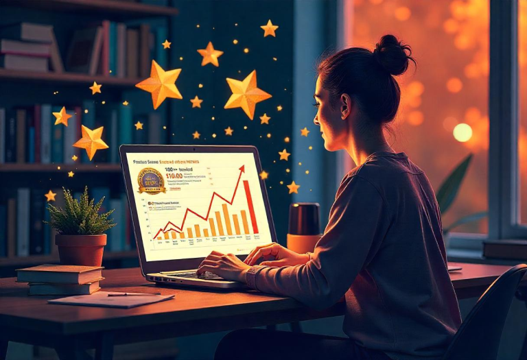 An illustration of an excited author with 100+ Amazon reviews, bestseller badge, and rising sales.