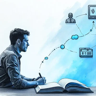 Your Book Funnel: How to Turn Readers Into Clients 1 Illustration of an author at a desk, watching ideas flow from an open book, transforming into pathways leading to leads, clients, and opportunities.