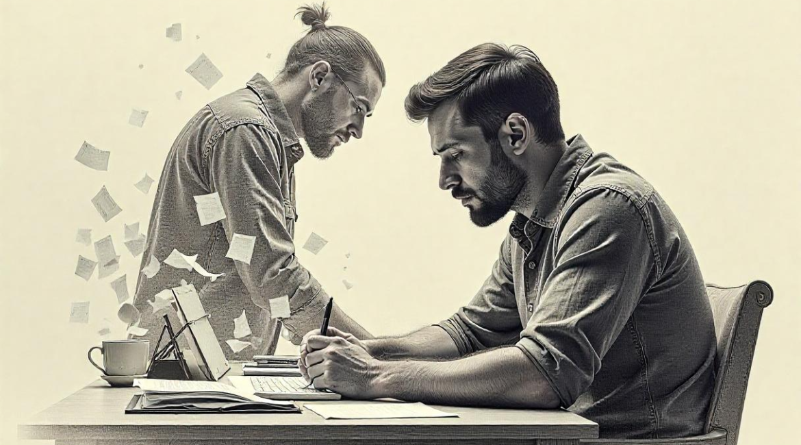 Ghostwriters Unmasked – When to Hire, How to Brief, and Red Flags 1 Pencil sketch of an author at a desk with a ghostwriter’s shadow behind, symbolizing unseen collaboration.