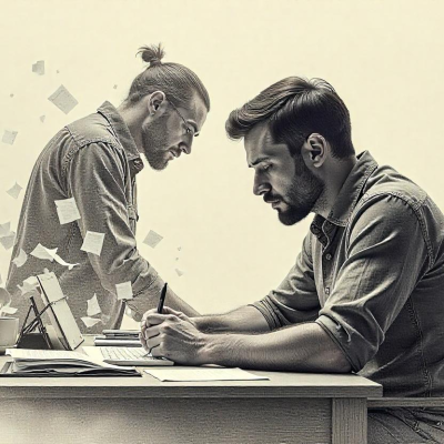 Ghostwriters Unmasked – When to Hire, How to Brief, and Red Flags 6 Pencil sketch of an author at a desk with a ghostwriter’s shadow behind, symbolizing unseen collaboration.