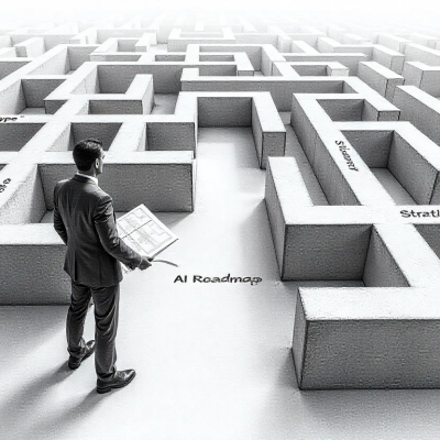 Businessman with AI roadmap facing a maze of strategy choices