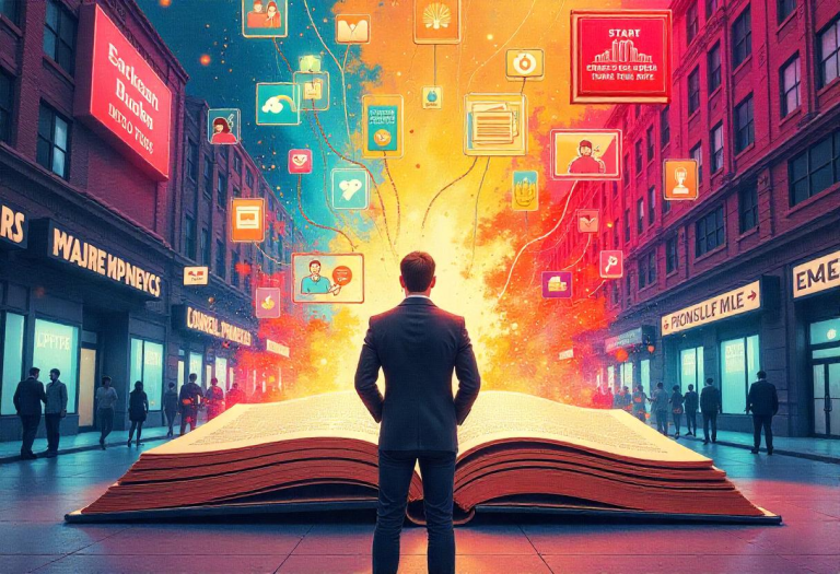 An expert with an open book transforming into opportunities, symbolizing how self-publishing creates business growth