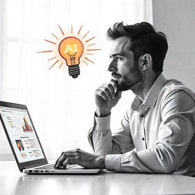 An AI image of a business professional sitting at a desk, deep in thought, with one hand on their chin. In front of them, a laptop screen displays AI-generated insights, and a subtle light bulb sketch above their head represents a moment of realization and newfound understanding of AI’s potential.