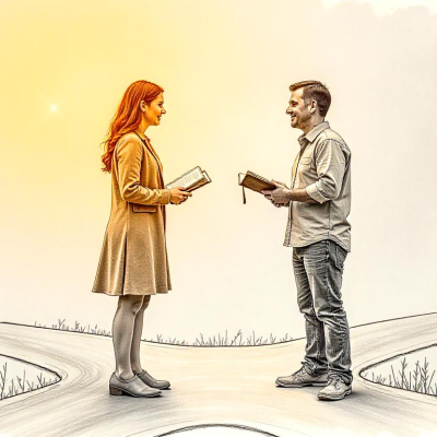 The Hybrid Hustle – When to Say Yes to Traditional Deals 7 Illustration of a man and woman standing at a crossroads, each holding a book, symbolizing the choice between self-publishing and traditional publishing deals.
