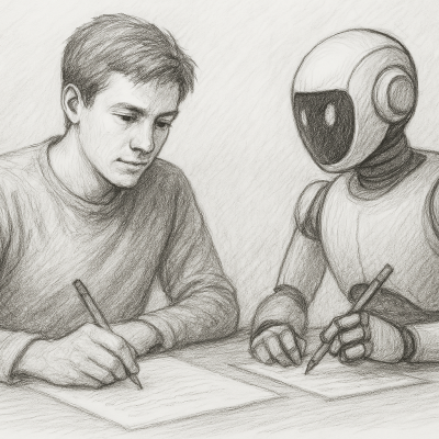 AI Co-Authors – Collaborating Without Losing Your Voice 1 A pencil sketch of a writer collaborating with an AI-powered robot at a wooden desk, symbolizing AI-assisted writing without losing human creativity.