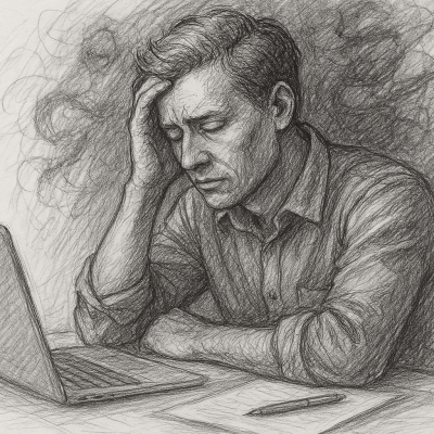 Sustainable Success: Excellence Without Exhaustion 8 A tired yet determined figure sits at a desk, torn between exhaustion and ambition, symbolizing the shift from burnout-driven success to sustainable achievement.