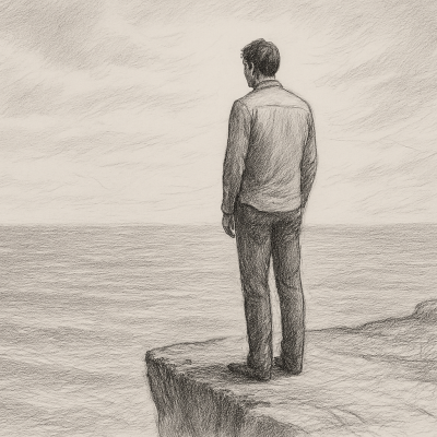 A pencil sketch of a man standing at the edge of a cliff, symbolizing the tension between control and surrender.