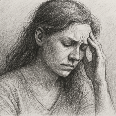 An illustration of a woman deep in thought, her hands touching her temples as if processing emotions. The image reflects the struggle of bridging trauma awareness and embodied healing.