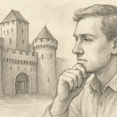 A man gazing at a grand castle, symbolizing the identity paradox—how achievement can create walls that isolate rather than connect.