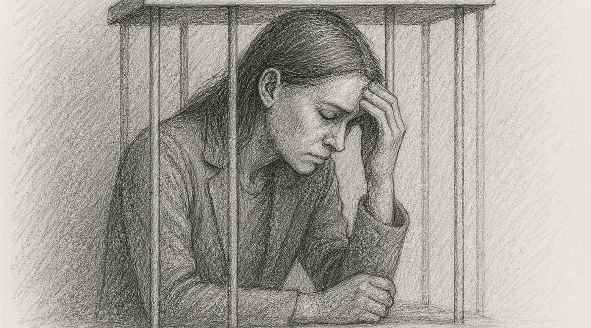A pencil sketch of a woman sitting in a small cage, head in hand, symbolizing the quiet struggle of high-functioning anxiety and the burden of control.