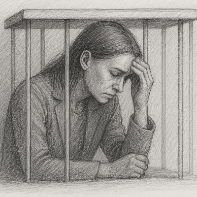 A pencil sketch of a woman sitting in a small cage, head in hand, symbolizing the quiet struggle of high-functioning anxiety and the burden of control.