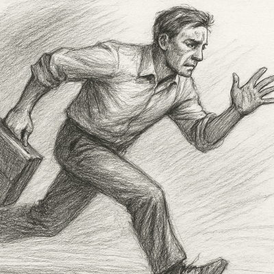 A pencil sketch of a man running in urgency, symbolizing the trauma-driven hustle and the fear of slowing down.