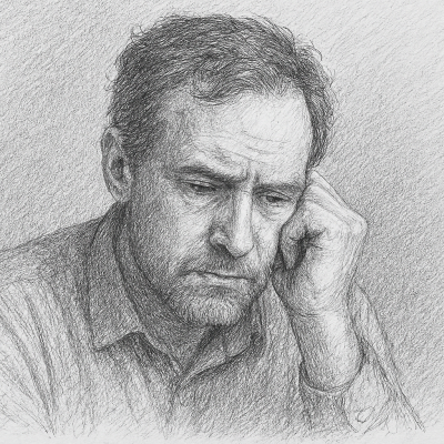 A weary man sits in quiet reflection, his hand resting on his face—capturing the weight of silent struggle behind a composed exterior.