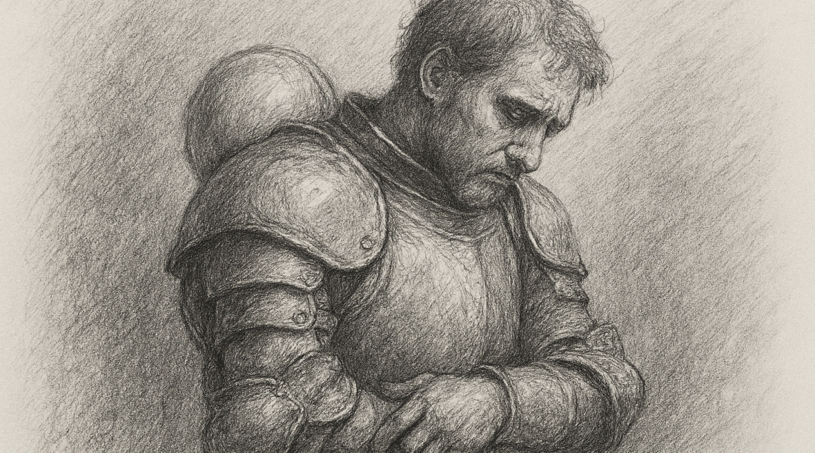 A weary knight in dented armor stands in solemn reflection, symbolizing the emotional weight of perfectionism and the quiet longing to be seen without the mask of achievement.