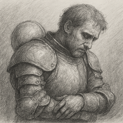 A weary knight in dented armor stands in solemn reflection, symbolizing the emotional weight of perfectionism and the quiet longing to be seen without the mask of achievement.