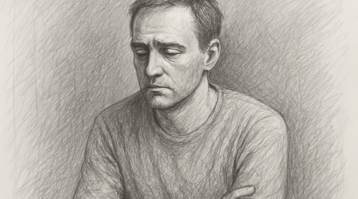 Illustration of a a man with a distant, numb expression—arms crossed, eyes downcast—capturing the quiet disconnection of high-functioning emotional shutdown.