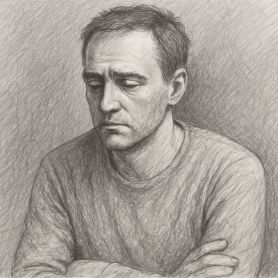 Illustration of a a man with a distant, numb expression—arms crossed, eyes downcast—capturing the quiet disconnection of high-functioning emotional shutdown.