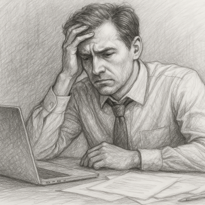 The Hidden Anxiety Behind Ambition 1 A pencil sketch of a man in work clothes sitting at a desk, visibly overwhelmed, symbolizing the hidden anxiety behind high achievement and relentless ambition.