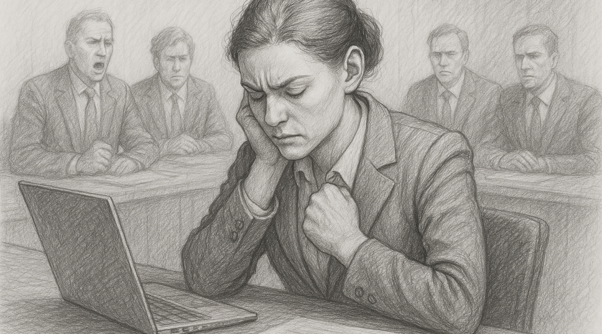 Pencil sketch of a high-achieving executive silently overwhelmed in a boardroom, reflecting hidden trauma behind professional success.