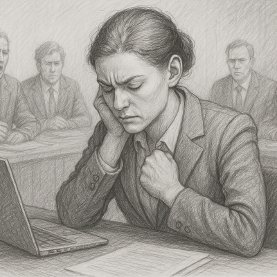 Pencil sketch of a high-achieving executive silently overwhelmed in a boardroom, reflecting hidden trauma behind professional success.