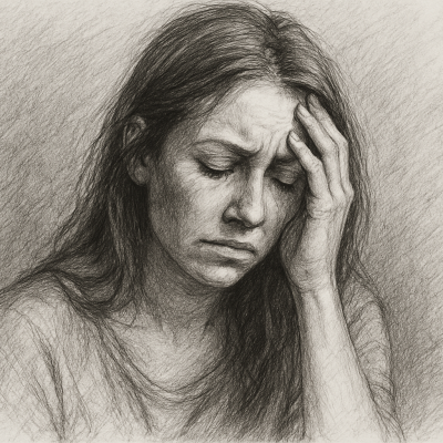 Illustration of a distressed woman with closed eyes and a hand pressed to her forehead, capturing a moment of emotional exhaustion.