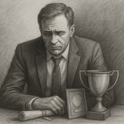 A man in a suit sits at a table, head bowed in despair, surrounded by a trophy, diploma, and plaque—symbols of success that now feel empty.