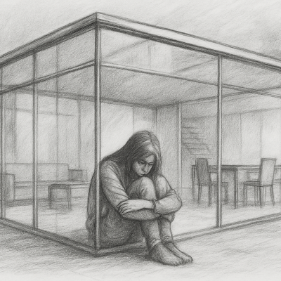 When Everything Looks Fine but Nothing Feels Right 1 a woman sitting alone in a glass house, curled up and looking down, symbolizing the silent pain behind a life that looks perfect on the outside but feels empty within