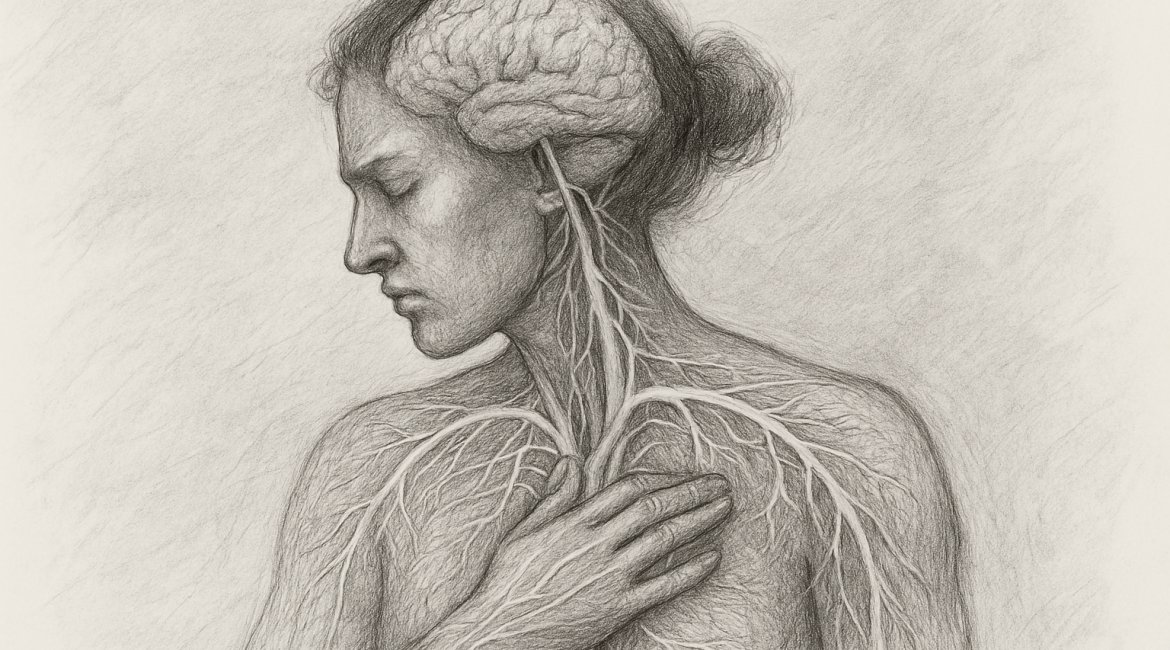 Illustration of a person in profile with their hand over their heart, illustrating the nervous system extending from the brain down the spine, symbolizing the connection between mind and body in healing and transformation.