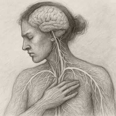 Illustration of a person in profile with their hand over their heart, illustrating the nervous system extending from the brain down the spine, symbolizing the connection between mind and body in healing and transformation.