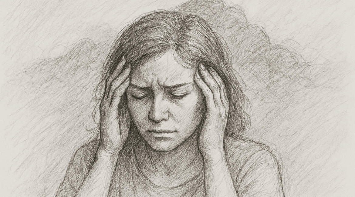 Managing the Emotional Backlog: Processing Without Flooding 1 A distressed woman holding her temples, symbolizing the weight of unprocessed emotions and the struggle to manage emotional backlog.