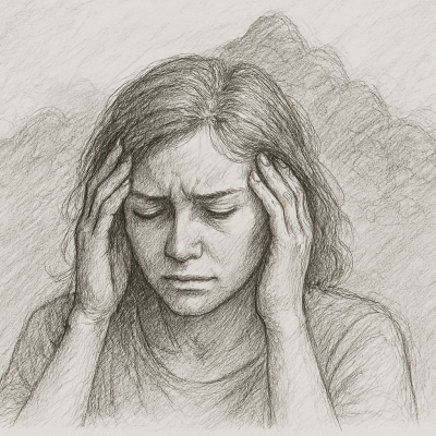 A distressed woman holding her temples, symbolizing the weight of unprocessed emotions and the struggle to manage emotional backlog.