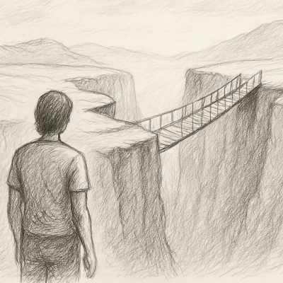 A lone figure stands at the edge of a canyon, facing a fragile rope bridge that symbolizes the journey from awareness to transformation.