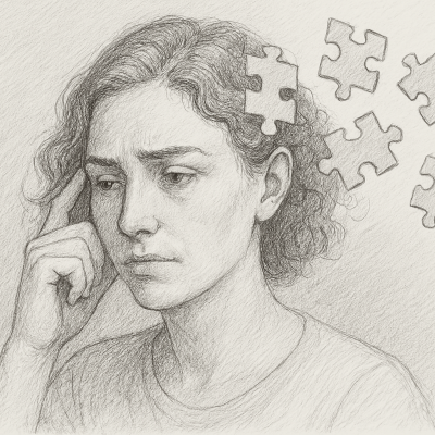 A pencil sketch of a woman with wavy hair transforming into puzzle pieces, symbolizing self-discovery and transformation.