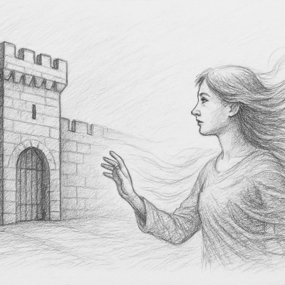 The Control Transformation Protocol: Safety Without Rigidity 3 Sketch of a woman transforming beside a towering fortress, symbolizing the shift from rigid control to flexible strength.