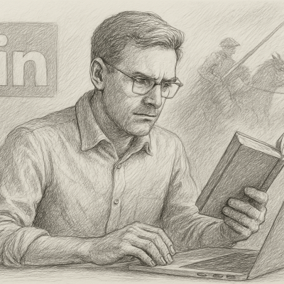 Illustration of a man intensely working on a laptop while holding a book, with subtle LinkedIn and soldier imagery in the background.