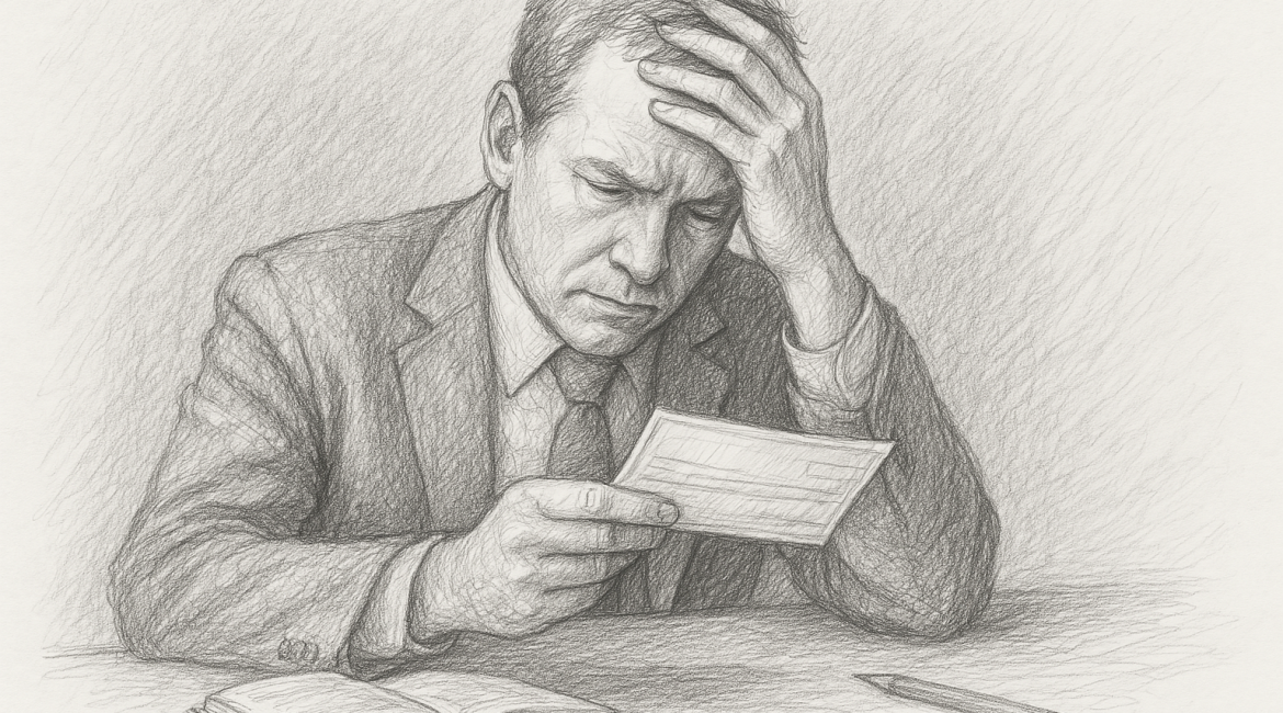 International Tax Traps – Keeping Your Royalties 1 Illustration of a man holding a check, looking stressed with his head in one hand, surrounded by a book and pencil on a desk.