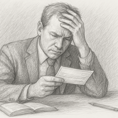 Illustration of a man holding a check, looking stressed with his head in one hand, surrounded by a book and pencil on a desk.